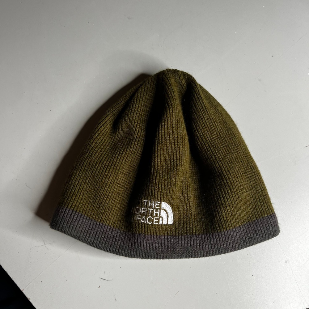 The North Face Mens Olive Green Grey Knit Beanie Winter Hat Logo Made in Canada